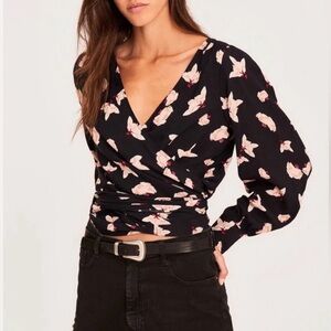 ba&sh Black Floral Wrap Blouse Balloon Sleeve Boho Top Size S